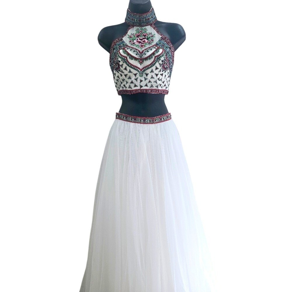 Sherri Hill 51161 Two Piece Embroidered Halter Tulle Prom Dress White Size 4